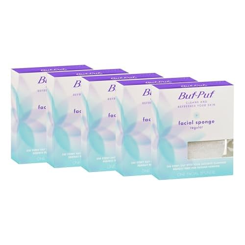 Buf-Puf Facial Sponge, Dermatologist Developed, Removes Deep Down Dirt & Makeup That Causes Breakouts and Blackheads, Reusable, Exfoliating, White, 5 Count