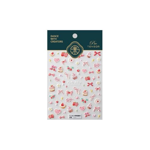 5D Embossed Pink Nail Stickers for Nail Art Cake Strawberry Bow Nail Art Stickers Nail Decals Self Adhesive Cute Nails Design Manicure Supplies Charm for Women Nails Decorations