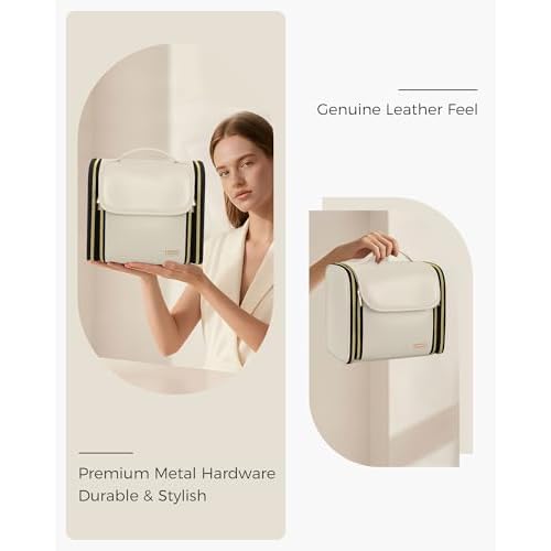 Hanging Toiletry Bag, PU Leather Makeup Bag Large Capacity with Jewelry Organizer for Brushes Set, Cosmetic Accessories, Beige