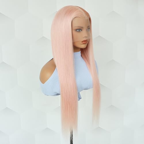 Pink Lace Front Wig Human Hair Pre Plucked With Baby Hair Pink Straight Wig Human Hair 13x4 20inch 180% Density HD Transparent Glueless Colored Wig for Cosplay