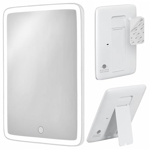 Mavoro 7x9 LED Lighted Rechargeable Travel Mirror | Small Wall Adhesive Mirror | Peel and Stick Wall Mount Lighted Travel Mirror | Real Glass Touch Sensor Vanity Mirror with Stand
