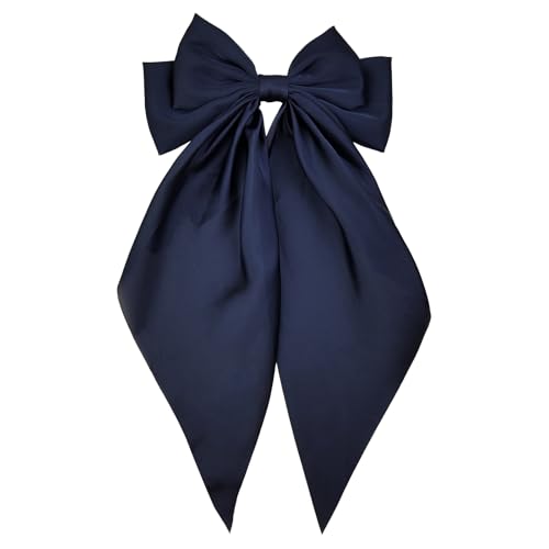 Large Navy Blue Satin Hair Bow Clip for Women Girls Oversized Long Tail Hair Accessory for Everyday Styling, 1-Pack
