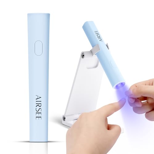 AIRSEE Mini Handheld UV Light with Stand,Portable Rechargeable Nail Lamps,2 Timers for Fast Nail Extension,Rhinestone Glue Decoration,Gel Strips at Home,Travel(Blue)