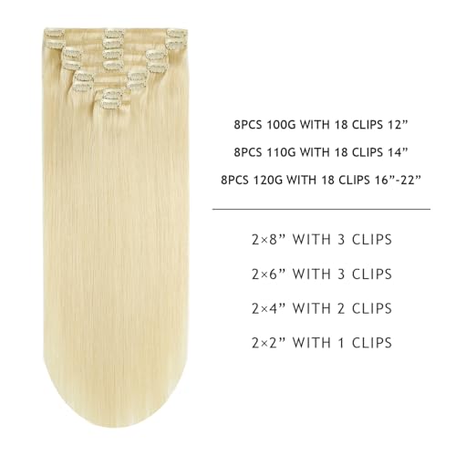 YILITE Clip in Hair Extensions 120g 8Pcs/Pack Platinum Blonde Double Weft Silky Straight Remy Human Hair Thick Clip in Real Hair Extensions for Women (16inches #60 Platinum Blonde)
