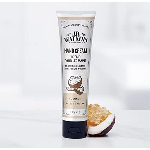 J.R. Watkins Natural Moisturizing Hand Cream, Hydrating Hand Moisturizer with Shea Butter, Cocoa Butter, and Avocado Oil, Cruelty Free, 3.3oz, Coconut, 3 Pack