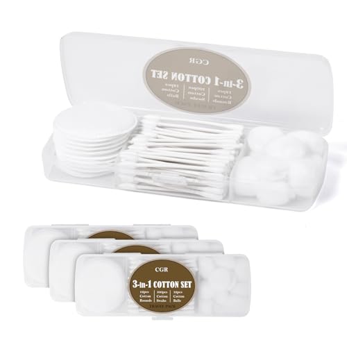 CGR Travel Cotton Swabs Set Portable, eack Pack with 100 Cotton Swabs, 12 Cotton Rounds, 12 Cotton Balls in Reusable Storage Box for Ear, Cosmetics, Makeup Remover, Nail Polish Remover(Pack of 3)
