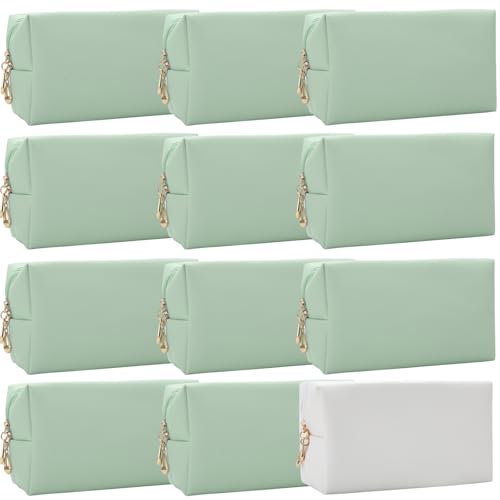 Bridesmaid Proposal Gifts Letter Cosmetic makeup bag bulk for Wedding Party Favors Bachelorette party decorations Toiletry Organizer Bag Makeup Case Gift (12, White&Sage Green)