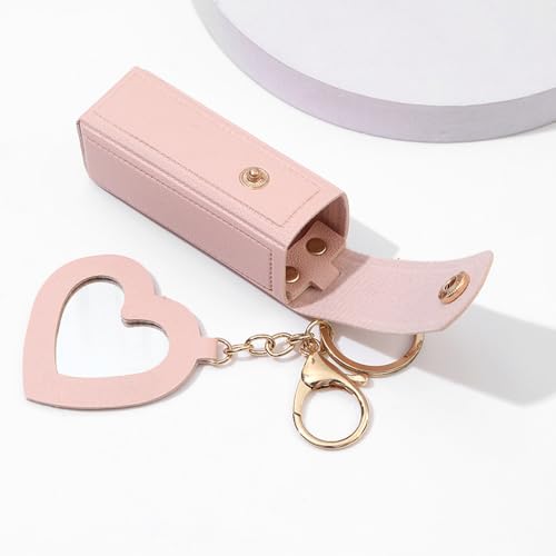 4 PACK PU Leather Potable Chapstick Holder Key Chain Bulk with Mirror, Lipstick Keychain, Lip Balm Organizer Holder Lipstick Travel Makeup Storage Case for Women Girls (Style 1)
