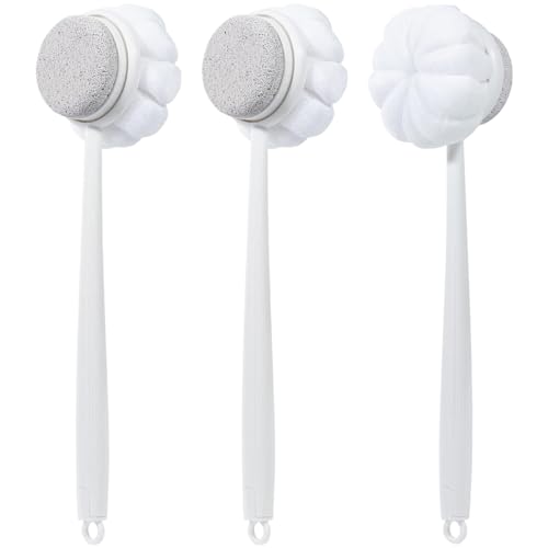 Pumice Stone for Feet and Shower Loofah with Long Handle, Hard Skin Callus Remover, 2 in 1 Foot Scrubber Brush, Back Scrubber Body Brush for Shower Deep Cleansing and Exfoliating