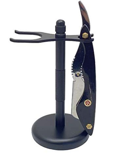 G.B.S Men's Classic Straight Edge Razor Saloon Shavette Professional Quality Black Brush And Razor Stand - Black Horn Handle Includes 10 Blades Manual Shaver Effortless Glide Pain Free