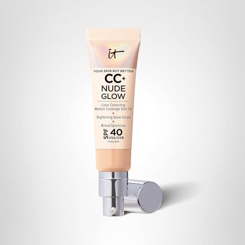 IT Cosmetics CC+ Nude Glow (Light Medium) - Medium Coverage Foundation with SPF 40 & Brightening Glow Serum, Lightweight Skin Tint, 2% Niacinamide + Hyaluronic Acid, Up to 24H Hydration - 1.08 fl oz
