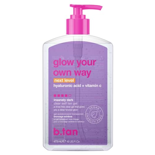 b.tan Insanely Dark Clear Self Tan Gel | Glow Your Own Way Next Level - Best, Transfer-Resistant Sunless Tanning Lotion, Ultra Quick Bronze, No Fake Tanner Smell, 16 Fl Oz