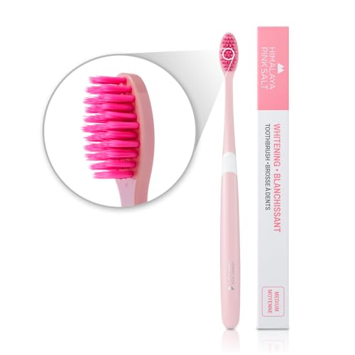HIMALAYA PINKSALT Natural Toothbrush - Medium Toothbrushes for Adults, Plaque Remover for Teeth, Tapered Bristles Gentle on Teeth and Gum, Deep Clean Toothbrush