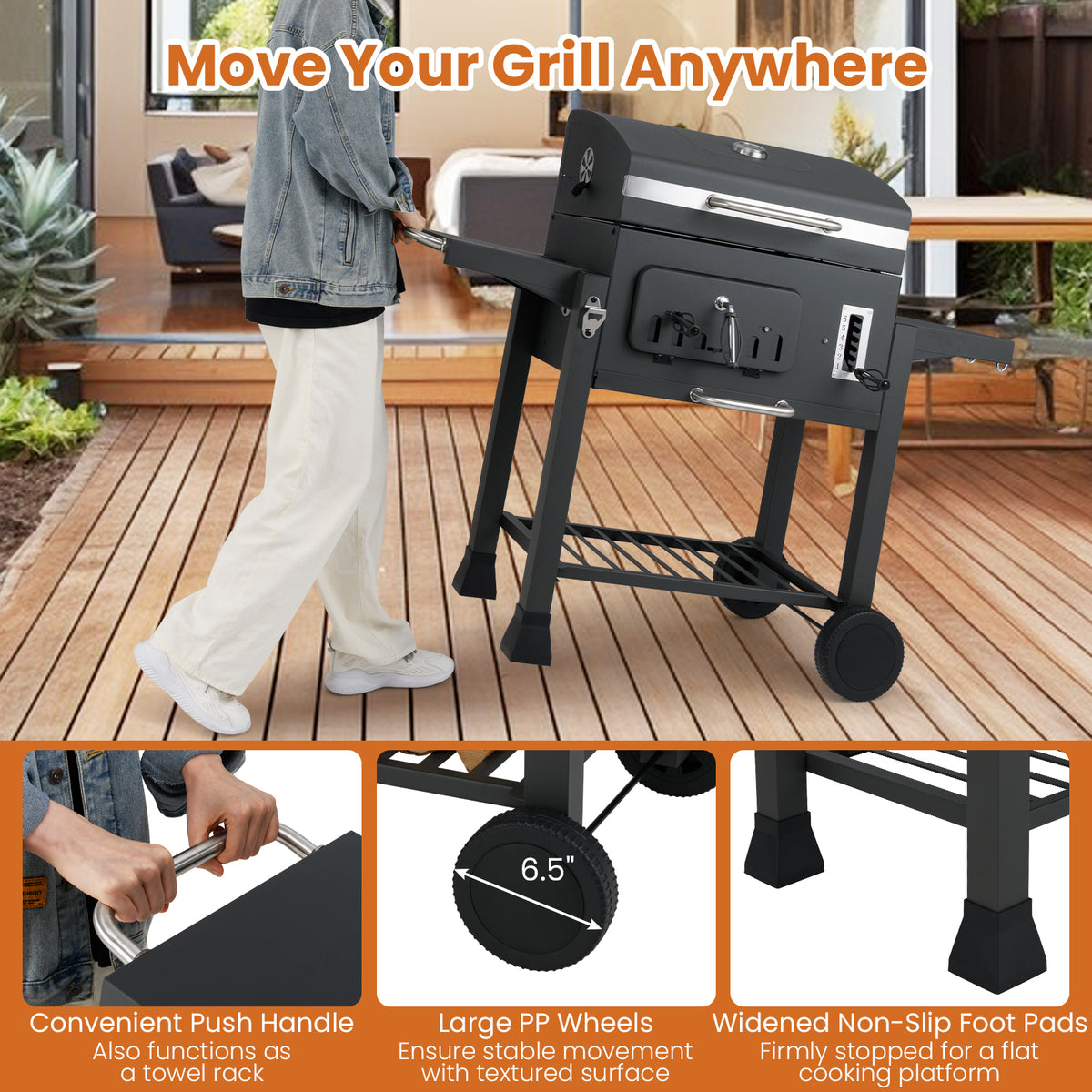24-Inch Barrel Charcoal Grill with 2 Folding Side Tables and 544