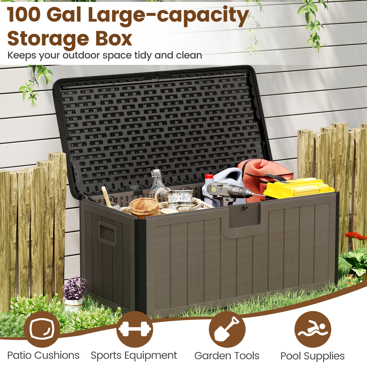 100 Gallon Deck Box with Lockable Lid - Black & Brown