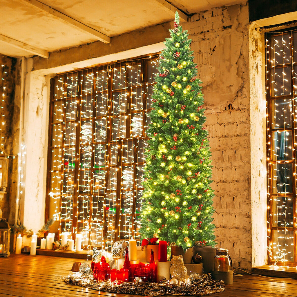 7.5 Ft Pre-Lit Slim Christmas Tree with Pine Cones & Red Berries