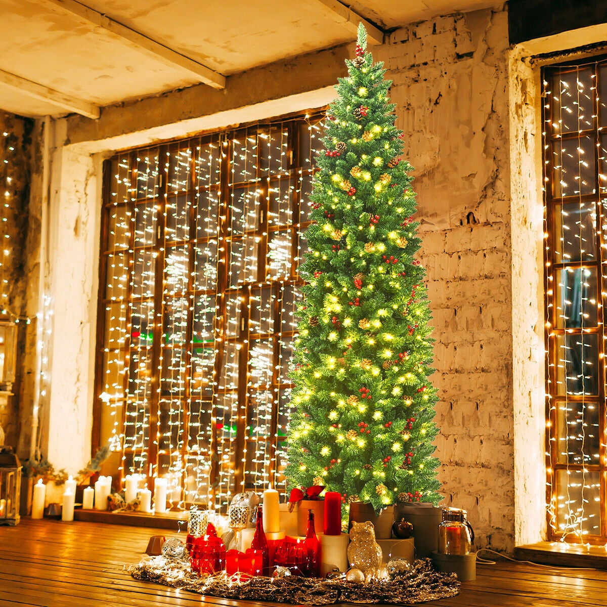 7.5 Ft Pre-Lit Slim Christmas Tree with Pine Cones & Red Berries