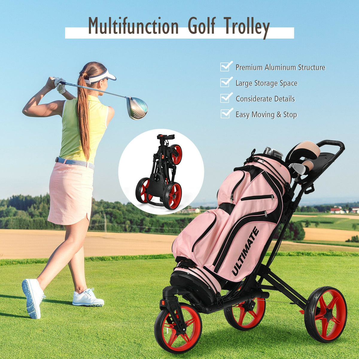 Red 3 Wheel Folding Golf Push Cart with Scoreboard & Adjustable Handle