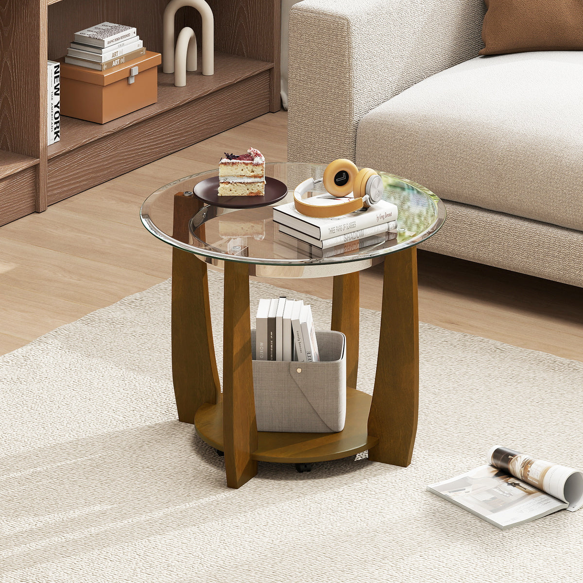 32" Round Glass Coffee Table with Wheels, Walnut - 2-Tier Storage