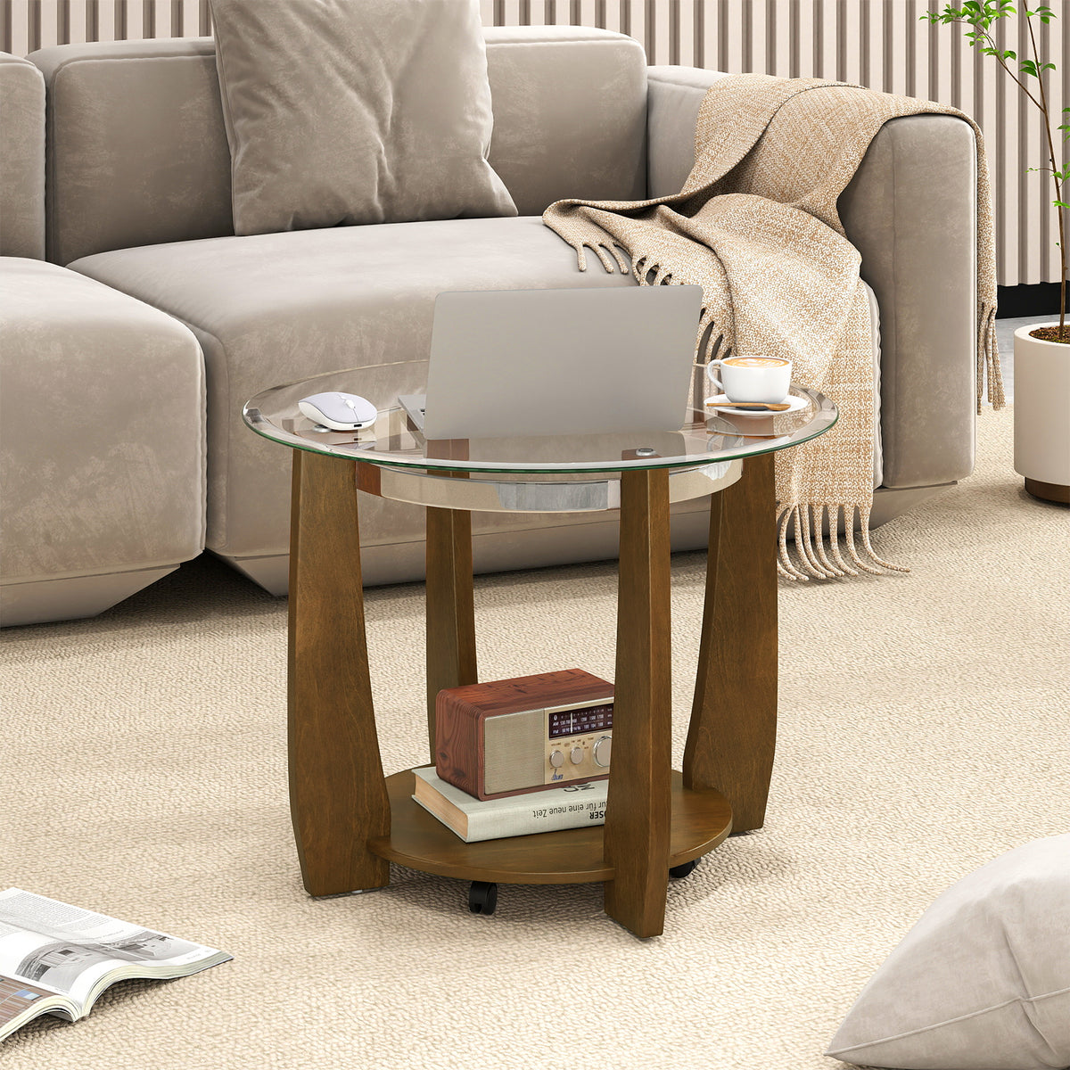 32" Round Glass Coffee Table with Wheels, Walnut - 2-Tier Storage