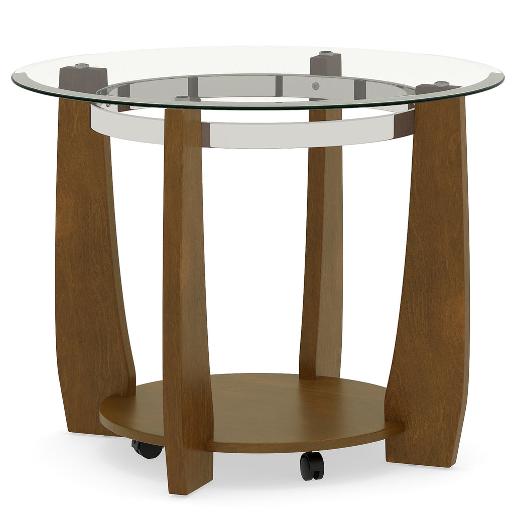 32" Round Glass Coffee Table with Wheels, Walnut - 2-Tier Storage