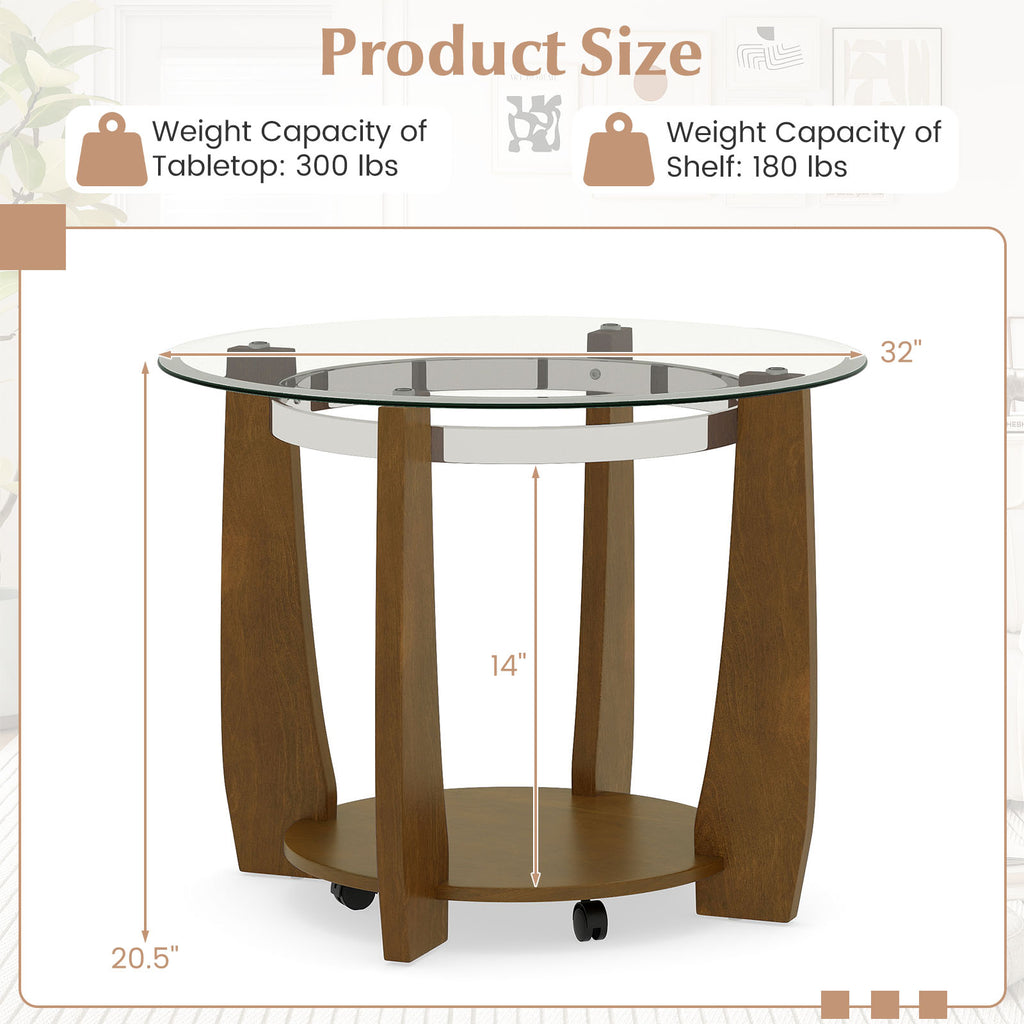 32" Round Glass Coffee Table with Wheels, Walnut - 2-Tier Storage