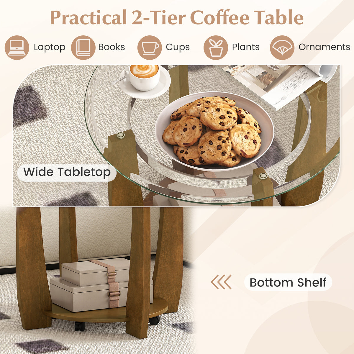 32" Round Glass Coffee Table with Wheels, Walnut - 2-Tier Storage