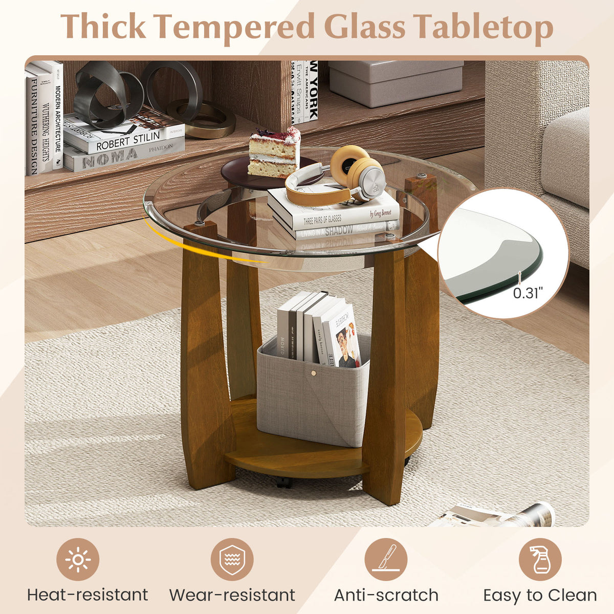 32" Round Glass Coffee Table with Wheels, Walnut - 2-Tier Storage