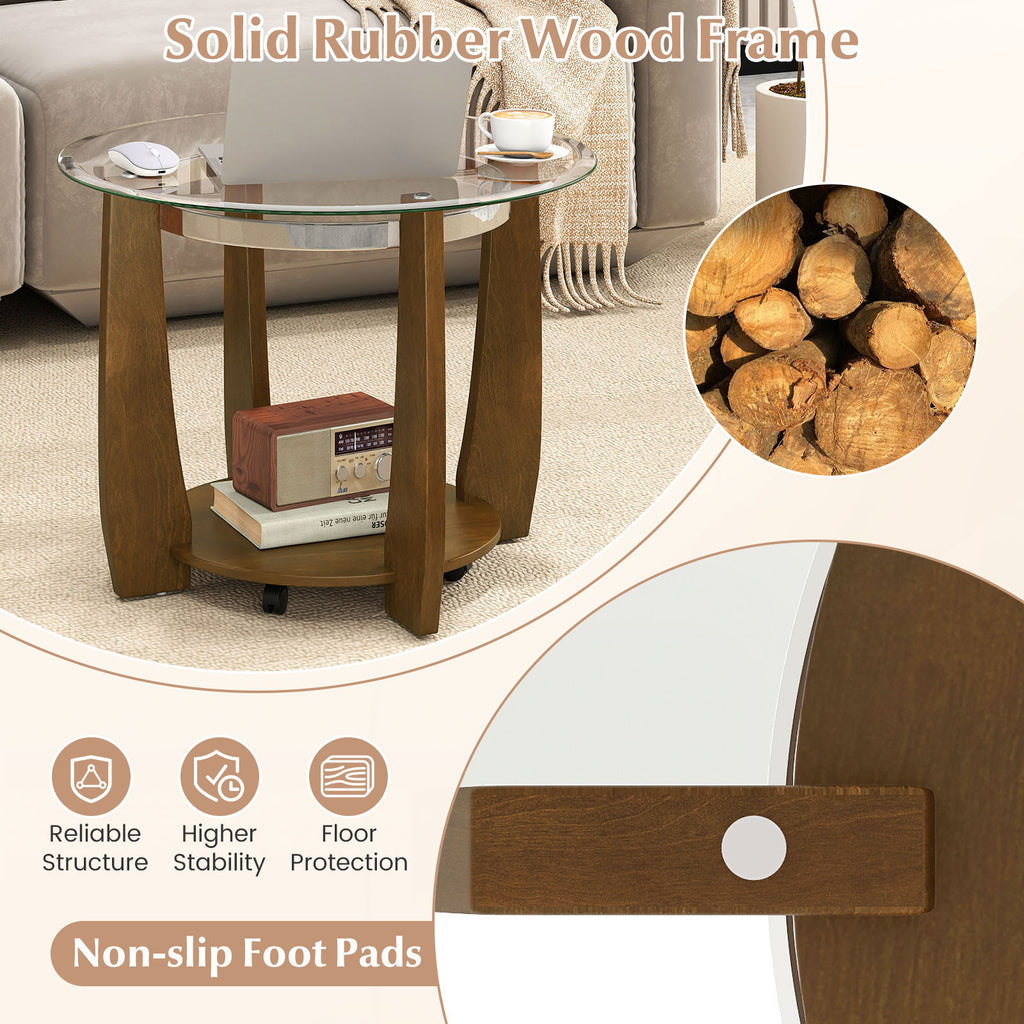 32" Round Glass Coffee Table with Wheels, Walnut - 2-Tier Storage