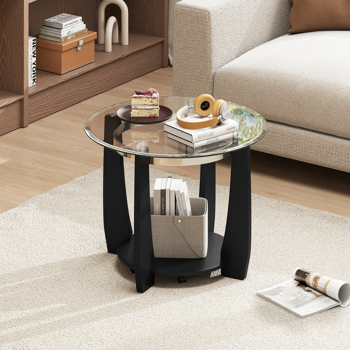 32" Round Glass Coffee Table with Wheels, Walnut - 2-Tier Storage