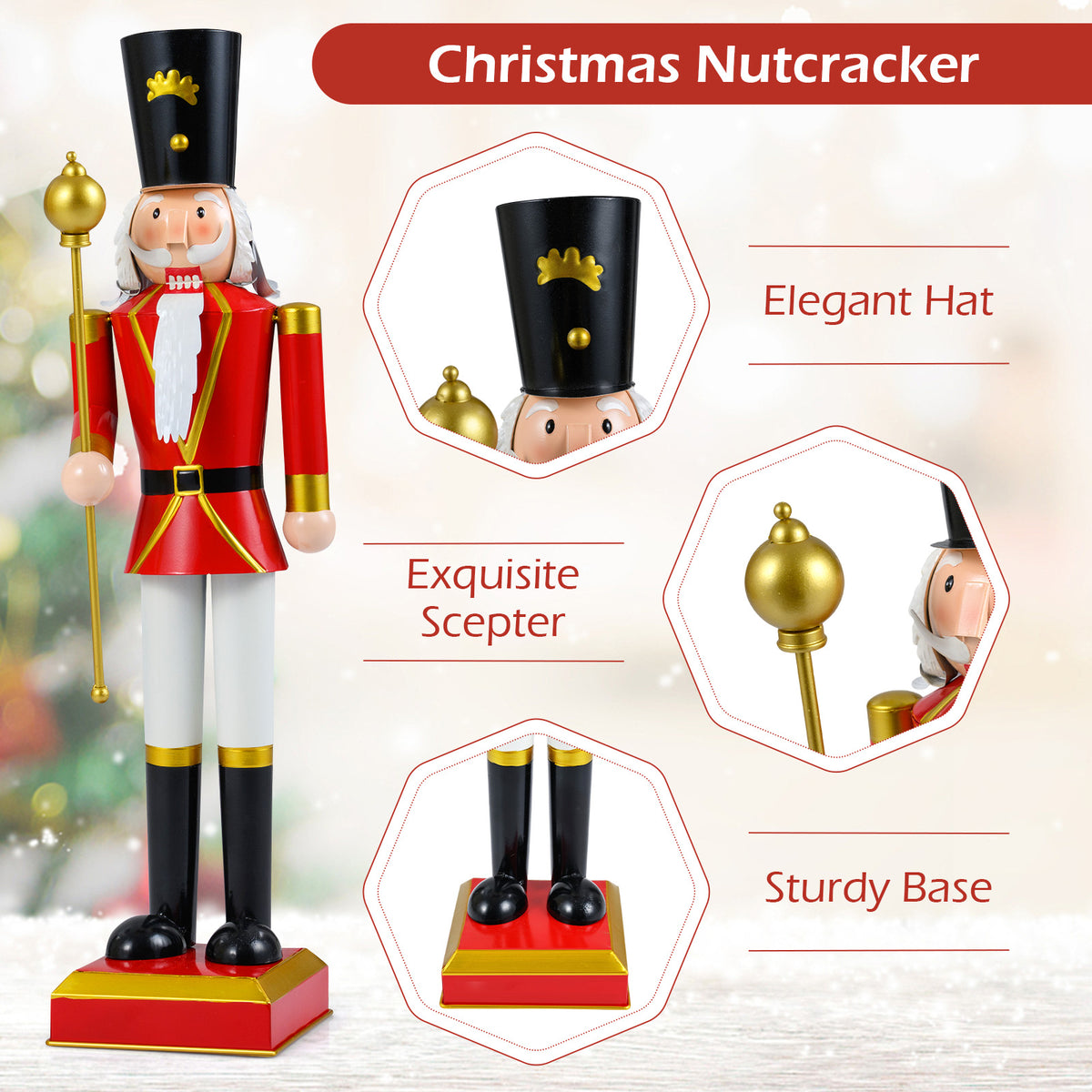 32.5 Inch Christmas Nutcracker with High Hat & Scepter - Black & Red Variation