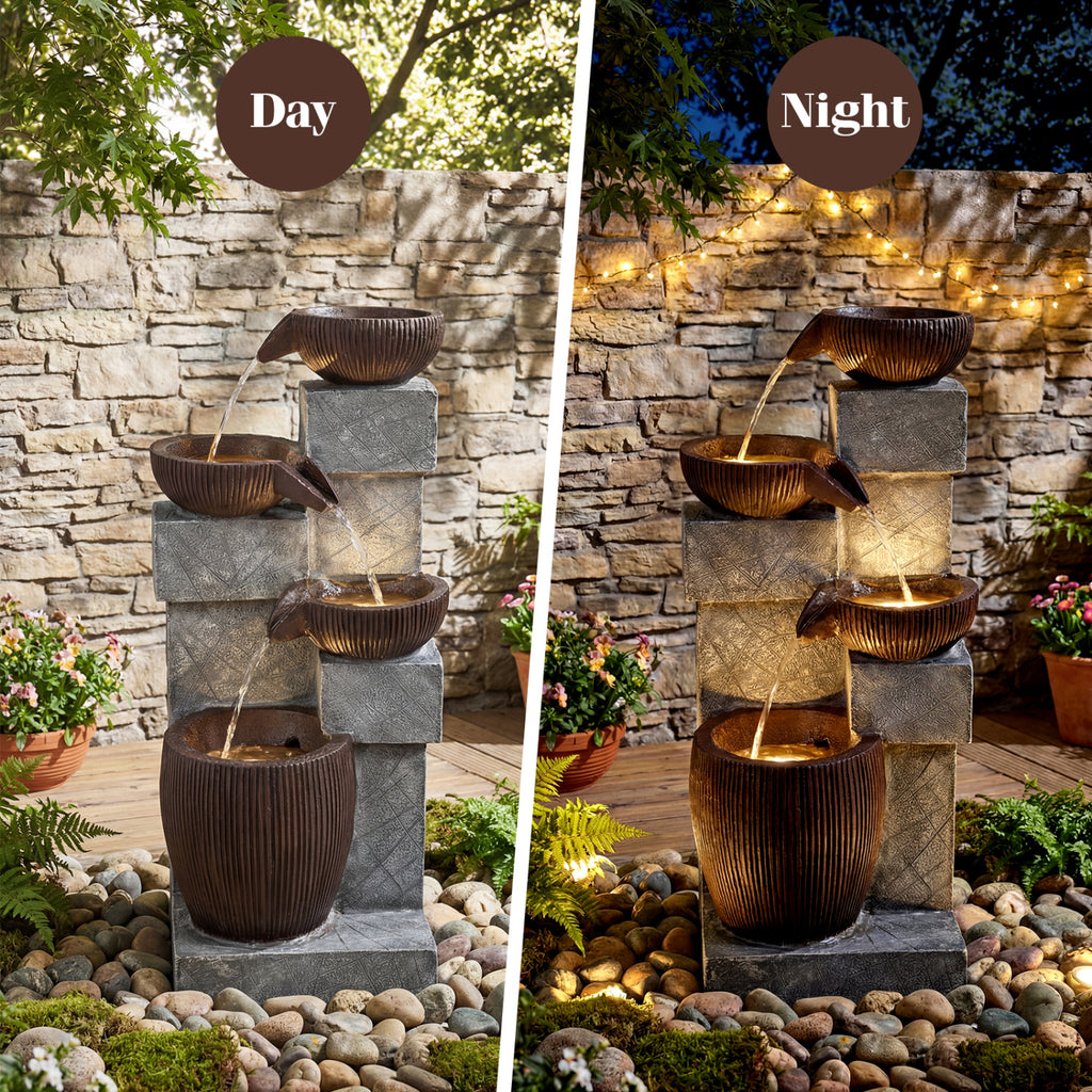Brown 4-Tier Cascading Water Fountain with LED Lights for Outdoor Garden