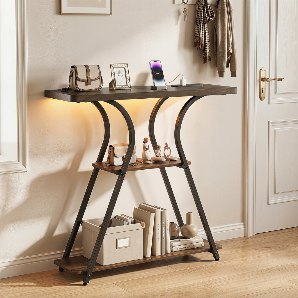 32-Inch Entryway Console Table with Power Outlets & LED Lights, Brown