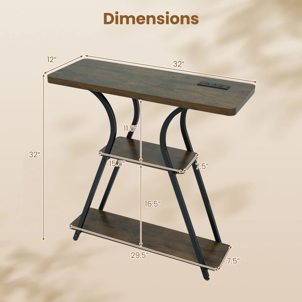 32-Inch Entryway Console Table with Power Outlets & LED Lights, Brown