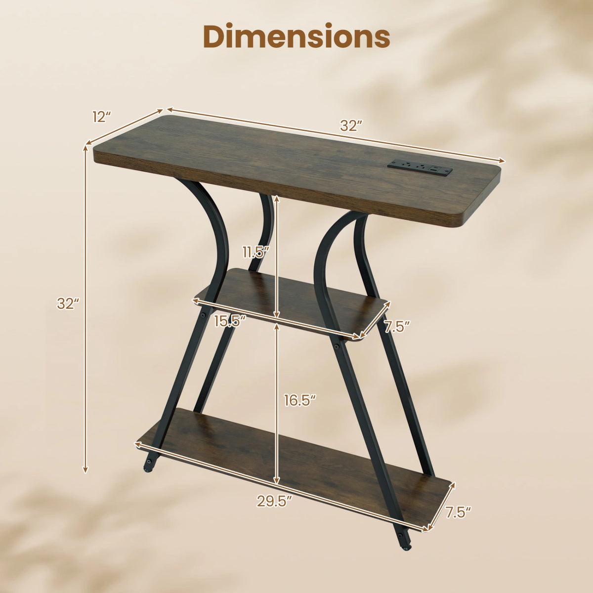 32-Inch Entryway Console Table with Power Outlets & LED Lights, Brown