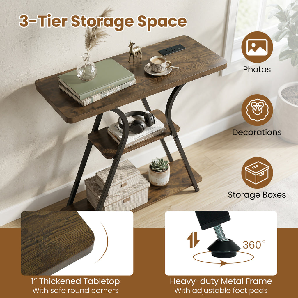 32-Inch Entryway Console Table with Power Outlets & LED Lights, Brown