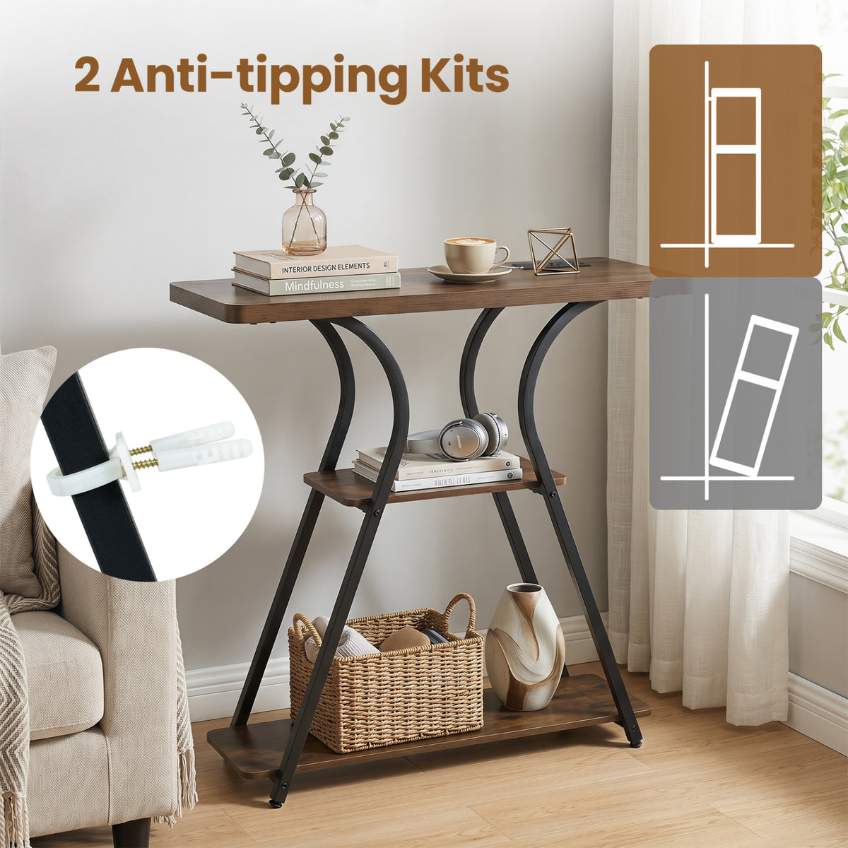 32-Inch Entryway Console Table with Power Outlets & LED Lights, Brown