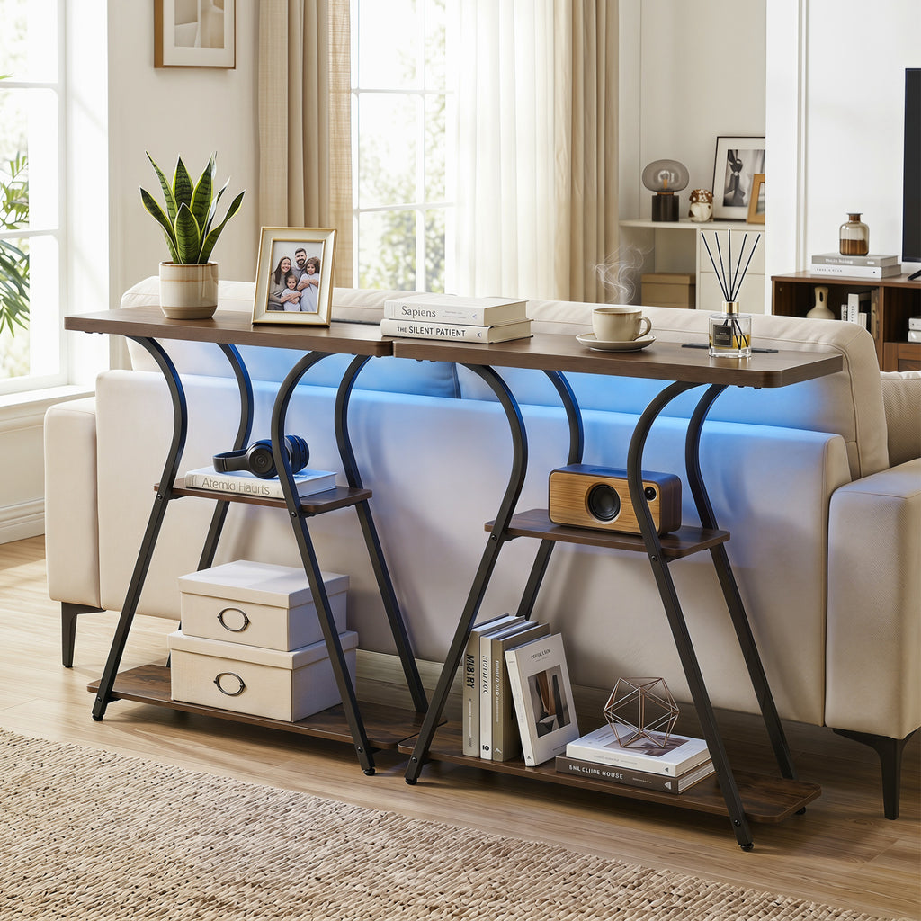 32-Inch Entryway Console Table with Power Outlets & LED Lights, Brown