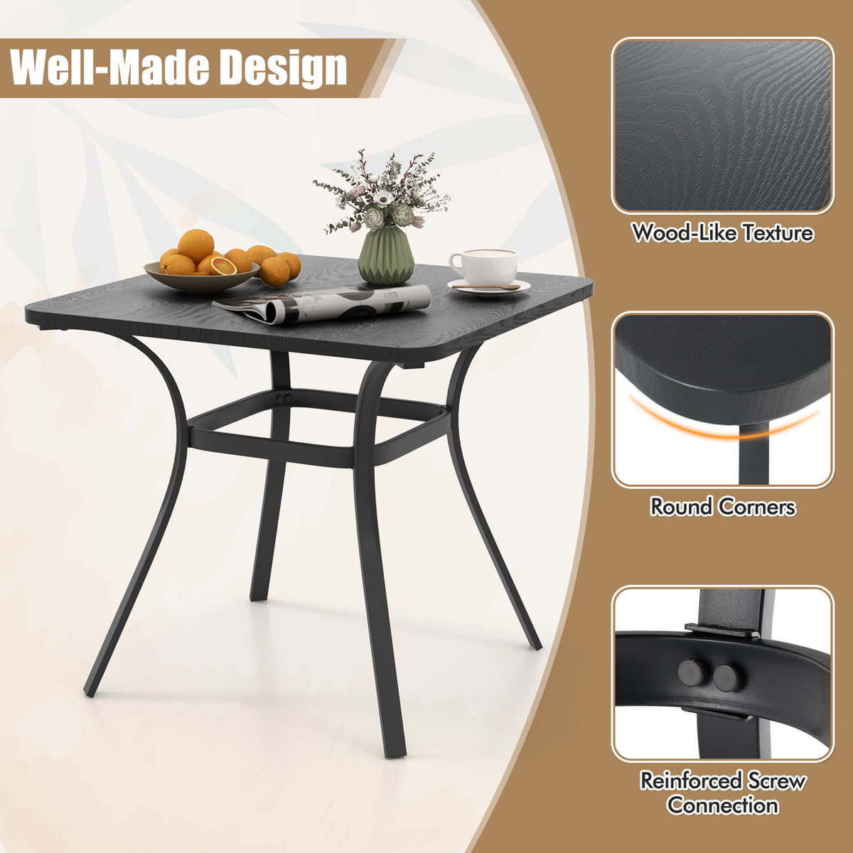 32 Inch Patio Dining Table Metal Square for with 4 Curved Legs