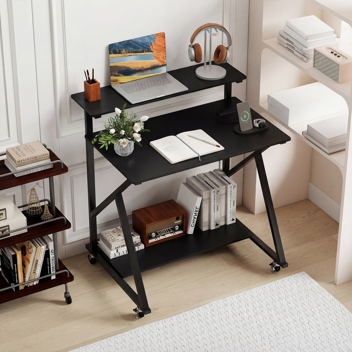 32 Inch Rolling Computer Desk with Power Outlets - Black