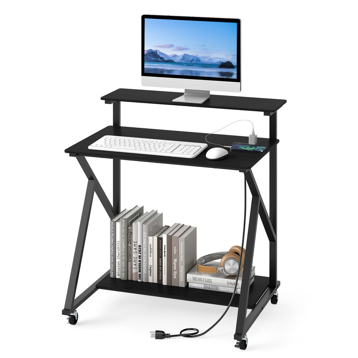 32 Inch Rolling Computer Desk with Power Outlets - Black