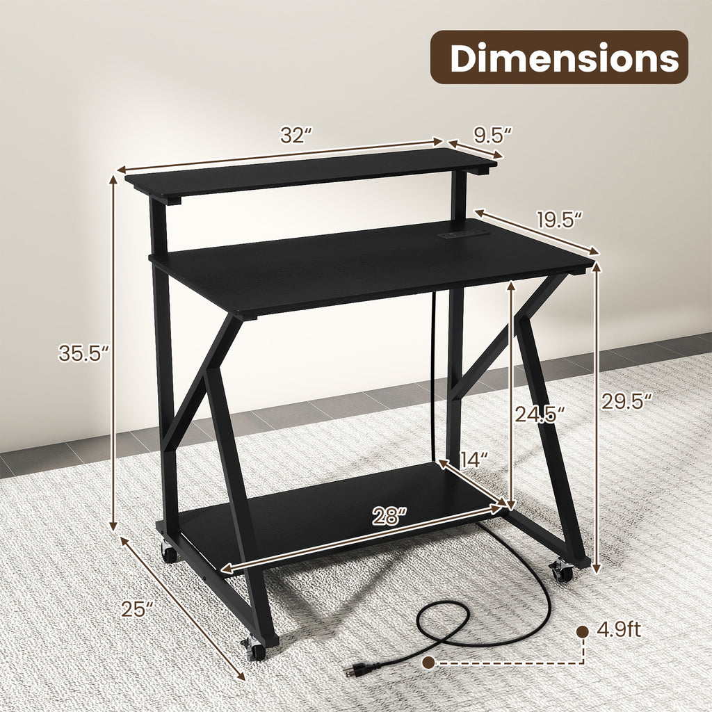 32 Inch Rolling Computer Desk with Power Outlets - Black