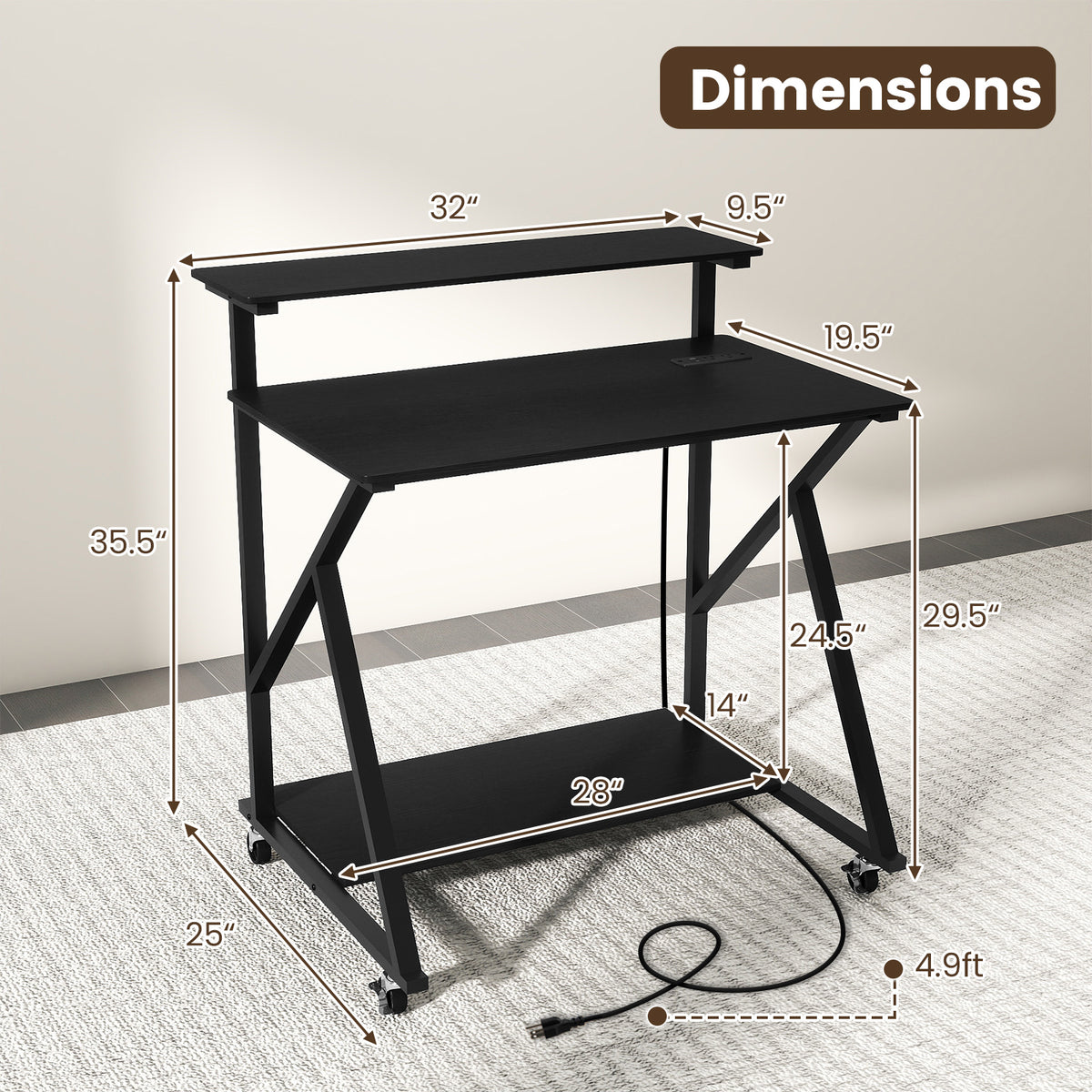 32 Inch Rolling Computer Desk with Power Outlets - Black