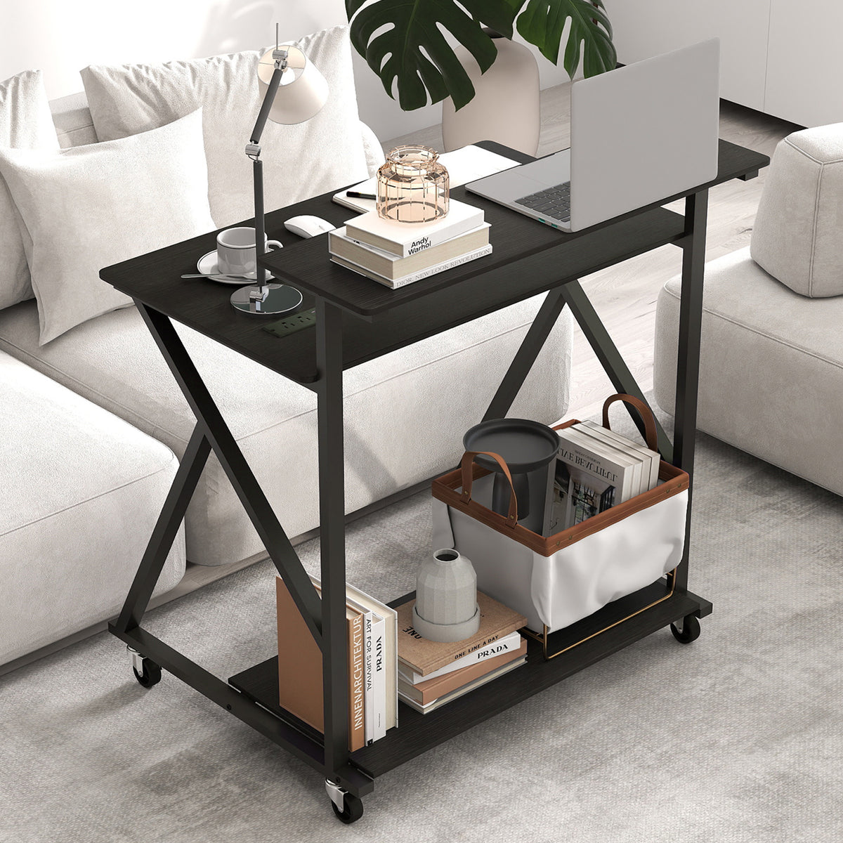 32 Inch Rolling Computer Desk with Power Outlets - Black