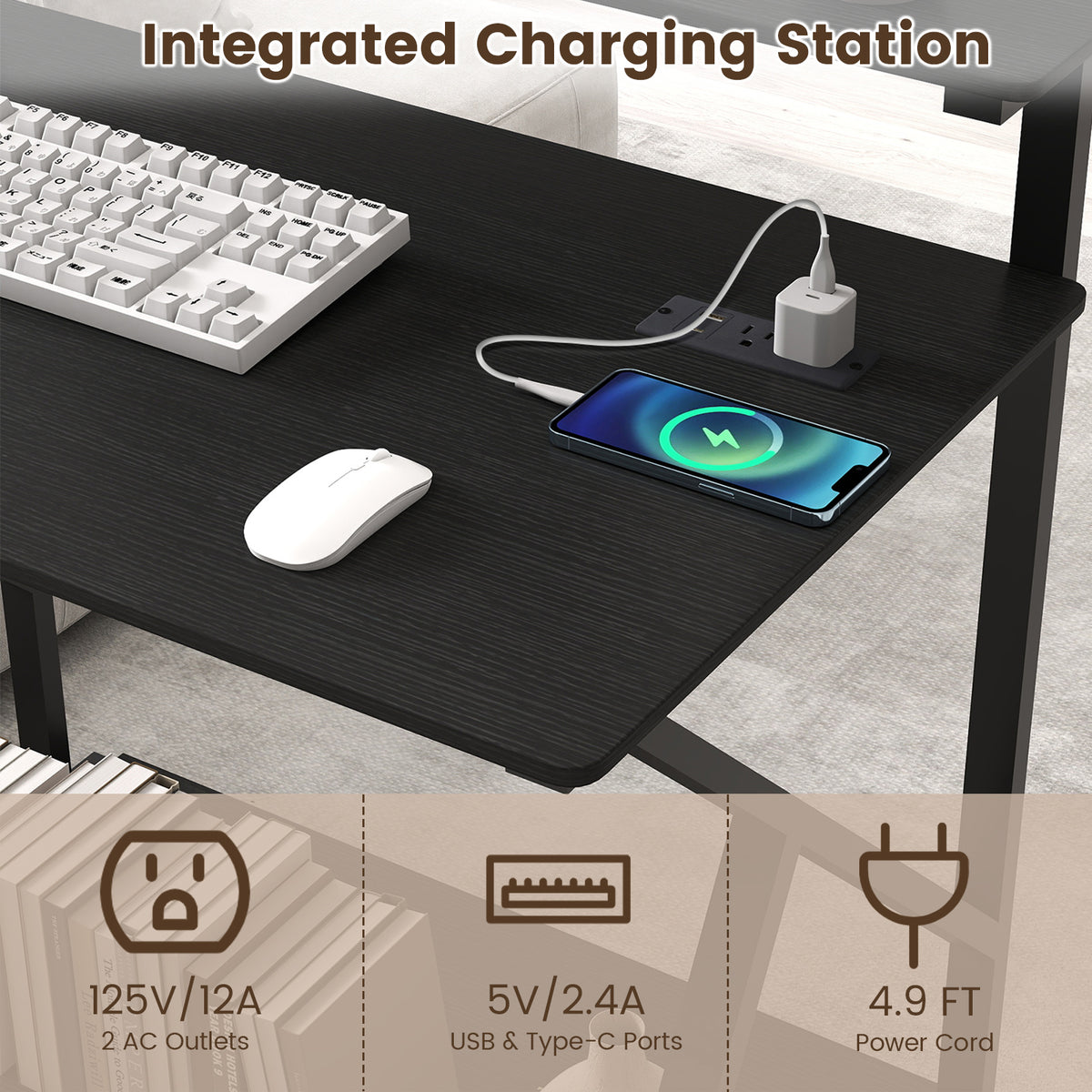 32 Inch Rolling Computer Desk with Power Outlets - Black