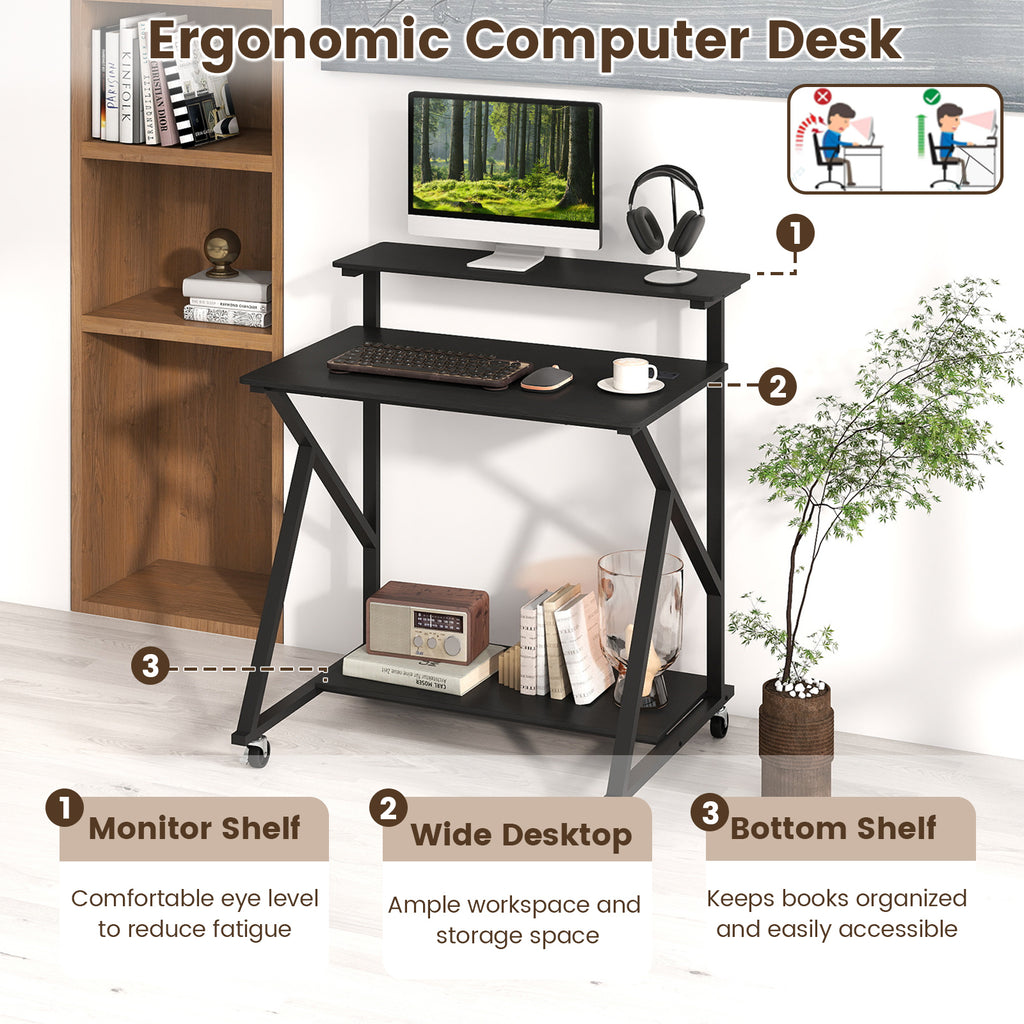 32 Inch Rolling Computer Desk with Power Outlets - Black