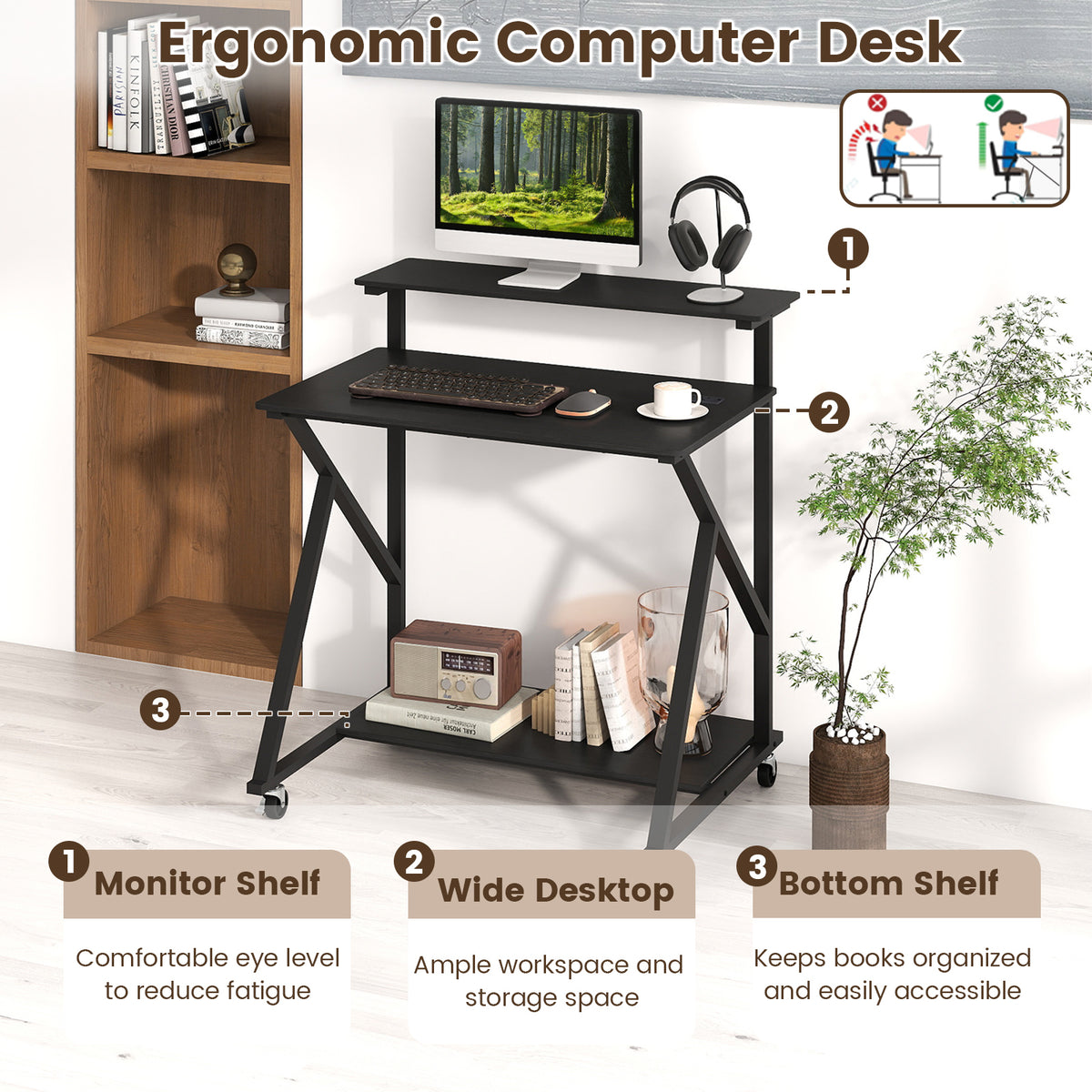 32 Inch Rolling Computer Desk with Power Outlets - Black