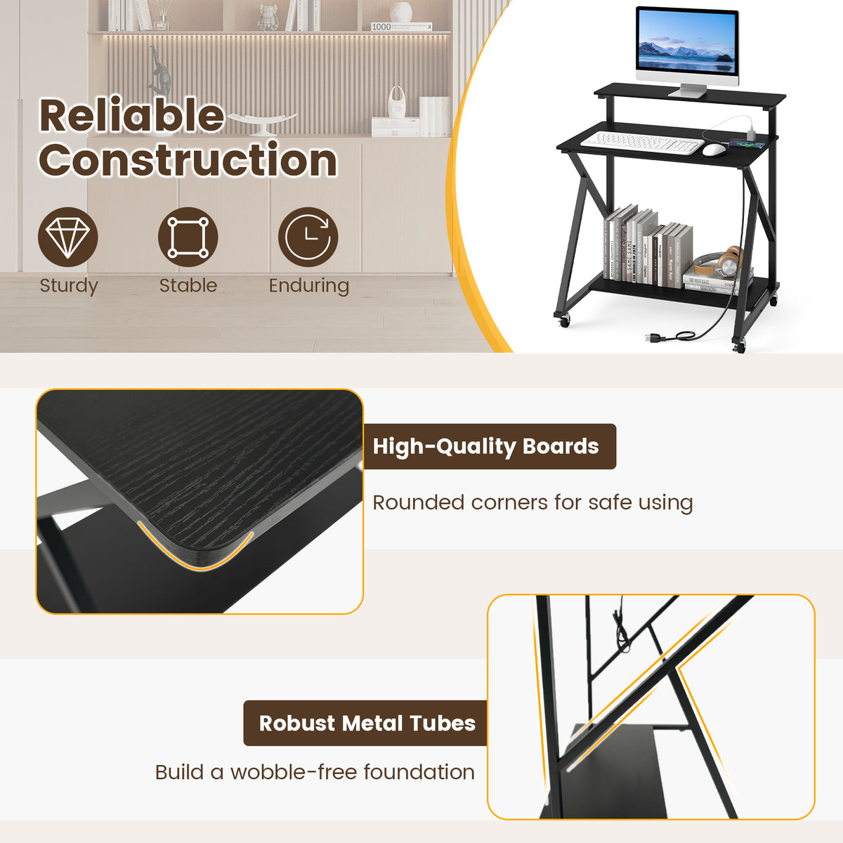 32 Inch Rolling Computer Desk with Power Outlets - Black