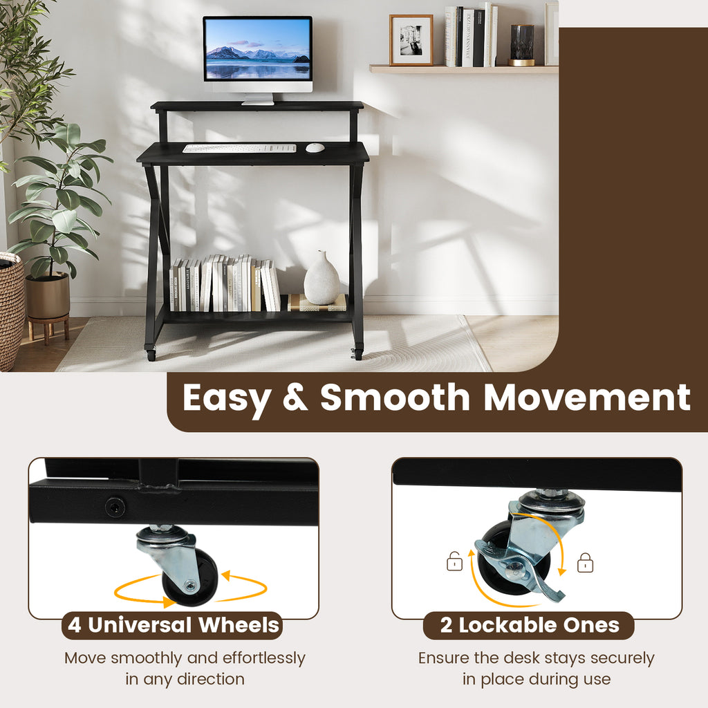 32 Inch Rolling Computer Desk with Power Outlets - Black