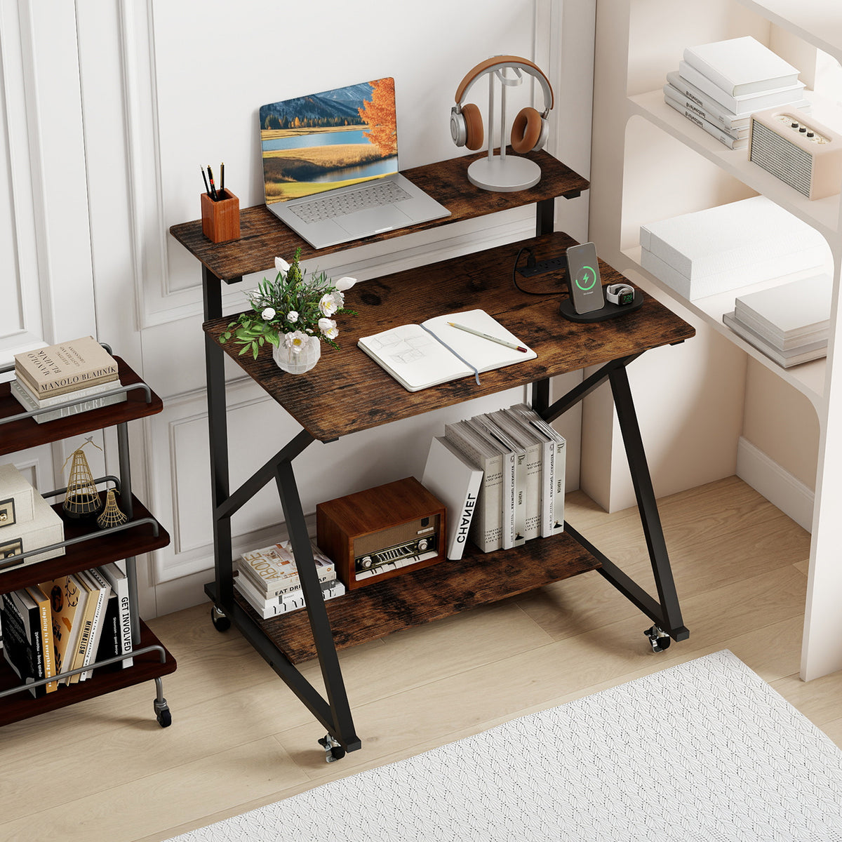 32 Inch Rolling Computer Desk with Power Outlets - Black